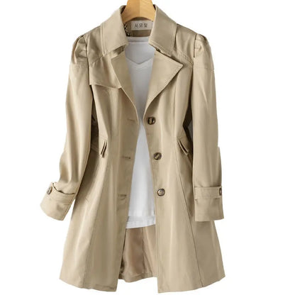 Women's Slim Fit Trench Coat - Solid Color Single-Breasted Medium-Length Jacket Carina