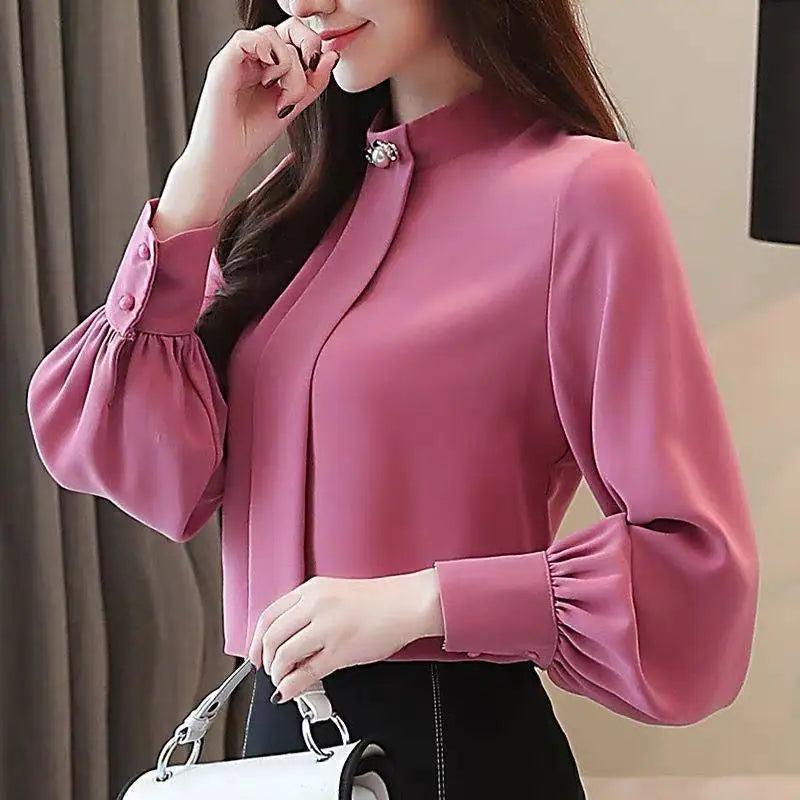 Women's Long Sleeve Chiffon Blouse – Solid Color Formal Loose-Fit Button-Up Shirt Maya