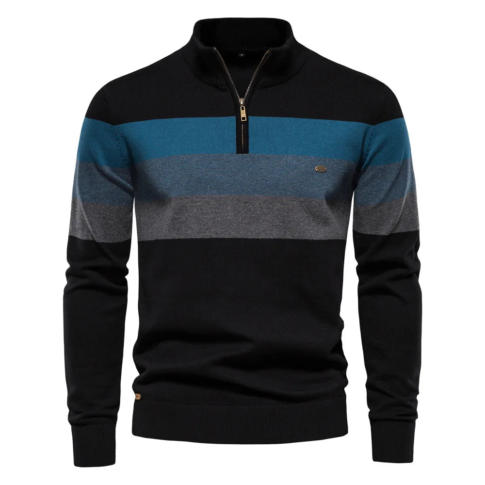 Men's Casual Cotton Pullover Sweater - Warm Zipper Neck Patchwork Design for Everyday Style Gilbert