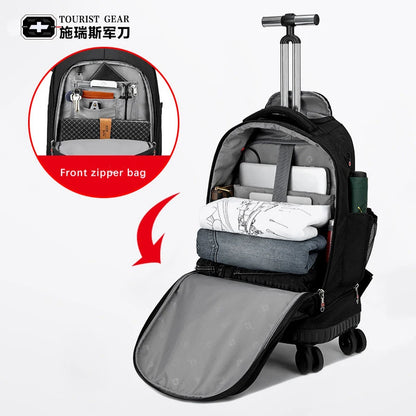 Travel Trolley Backpack with Wheels – Durable Business Laptop Bag, Large Capacity Rolling Luggage for Outdoor Trips