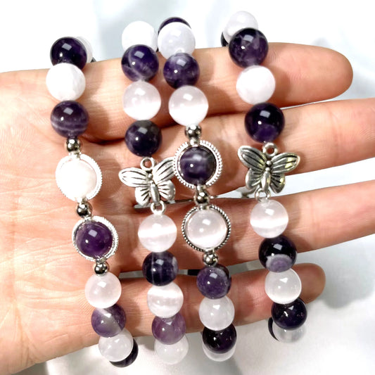 Lucky Beads Amethyst & Selenite Natural Energy Gemstone Bracelet – Healing Crystals Jewelry Gift for Women