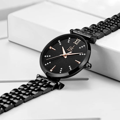Shengke Women’s Stainless Steel Watch – Black Waterproof Quartz Wristwatch for Easy Matching Prudence