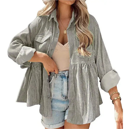 Women's Long-Sleeve Corduroy Ruffled Shirt with Button-Up Design – Elegant & Stylish Top