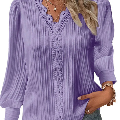 Women's White Lace V-Neck Blouse - Long Sleeve Casual Shirt Jenna