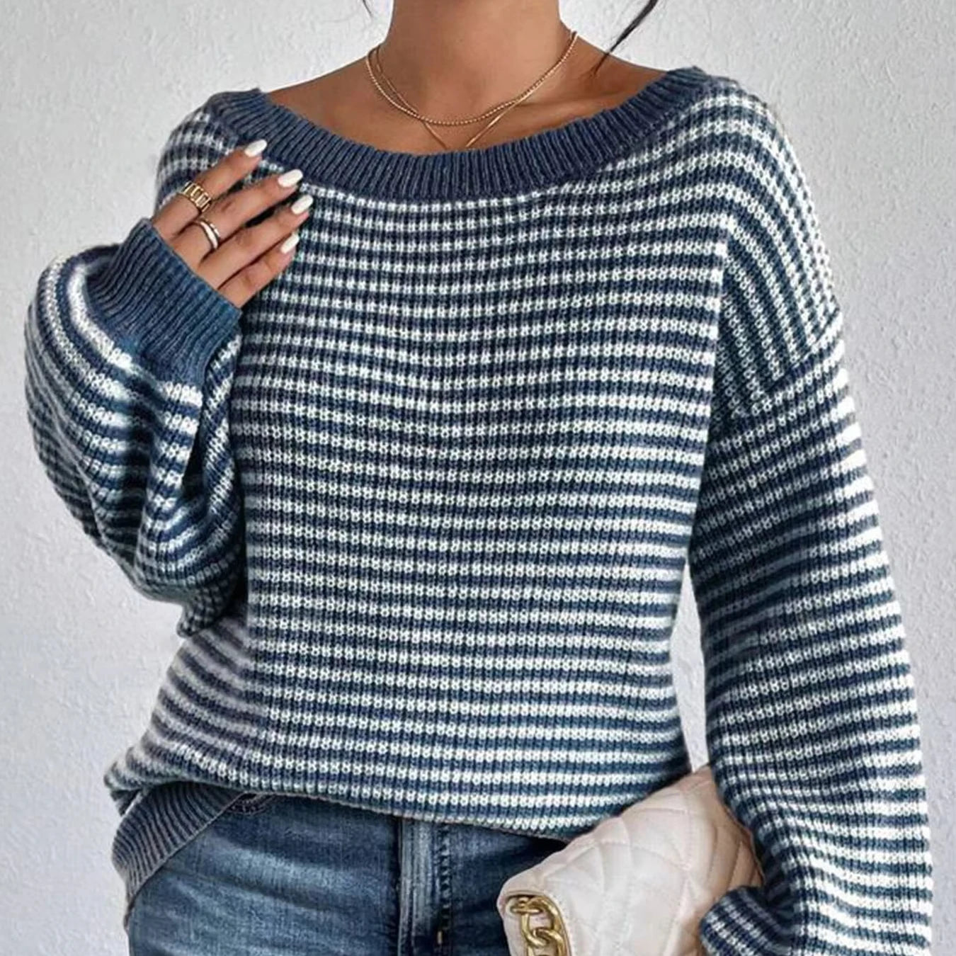 Women's Oversized Striped Knit Sweater - Casual Autumn Wool Pullover with Puff Long Sleeves and Crewneck Millicent