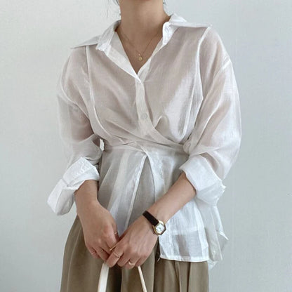 Women's Tie Waist Long Sleeve Shirt with Lapel and Irregular Hem