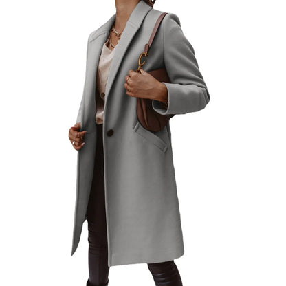 Women's Solid Color Woolen Coat - Lapel Button Mid-Length Autumn & Winter, Office Wear Cathy