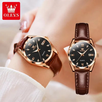 OLEVS 5522 Women's Luxury Wristwatch – Simple Dial, Date Calendar, Leather Strap, Waterproof & Luminous Design Rhoda