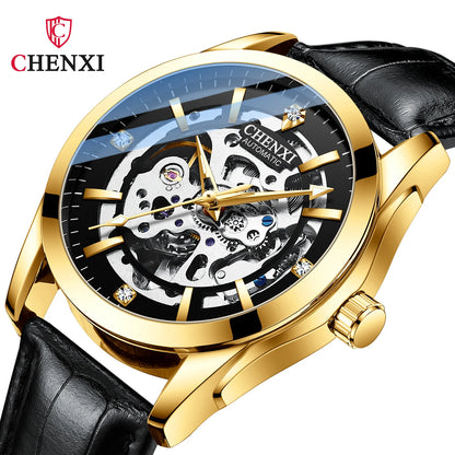 CHENXI 
8821 Men’s Transparent Skeleton Watch – 40mm Automatic Movement, Waterproof Leather Wristwatch