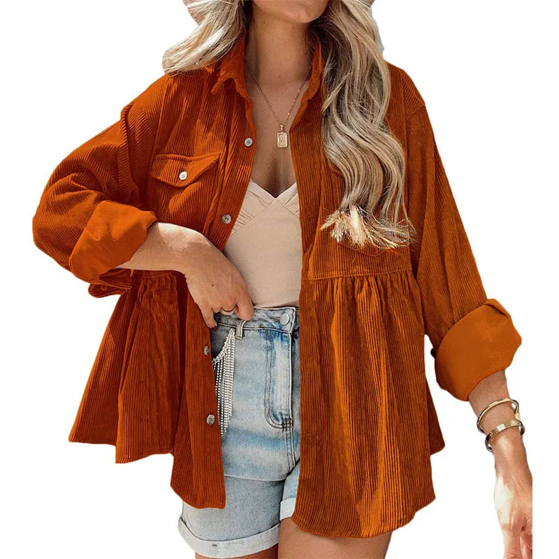 Women's Long-Sleeve Corduroy Ruffled Shirt with Button-Up Design – Elegant & Stylish Top