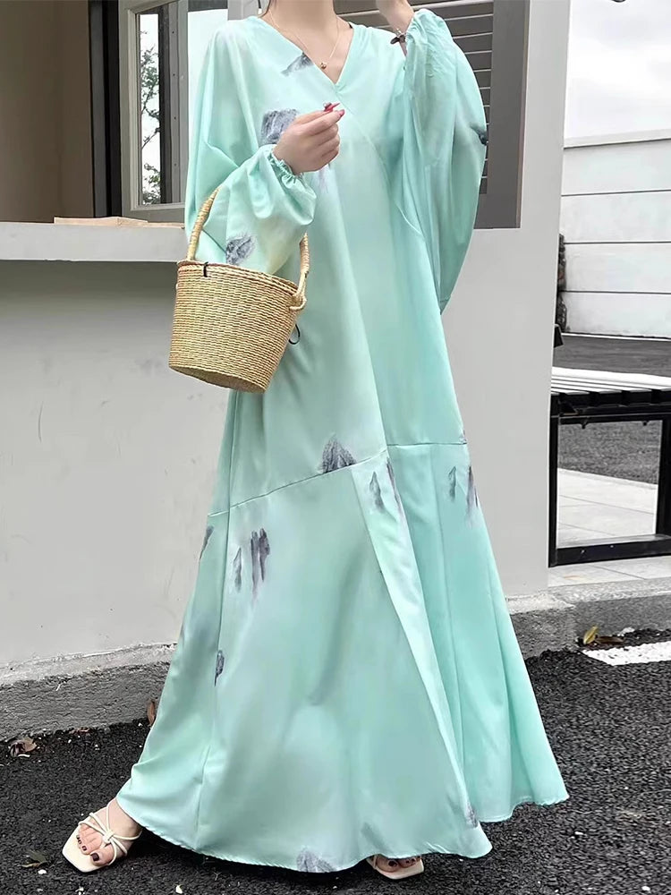 Summer Retro V-Neck Women's Dress – Ink Print, Vacation Style, Loose Fit, Batwing Sleeves