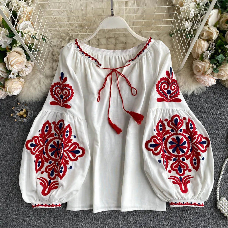 Women Blouse Retro National Style Bohemian Embroidery Lace up Tassel V-neck Lantern Sleeve