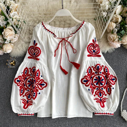 Women Blouse Retro National Style Bohemian Embroidery Lace up Tassel V-neck Lantern Sleeve