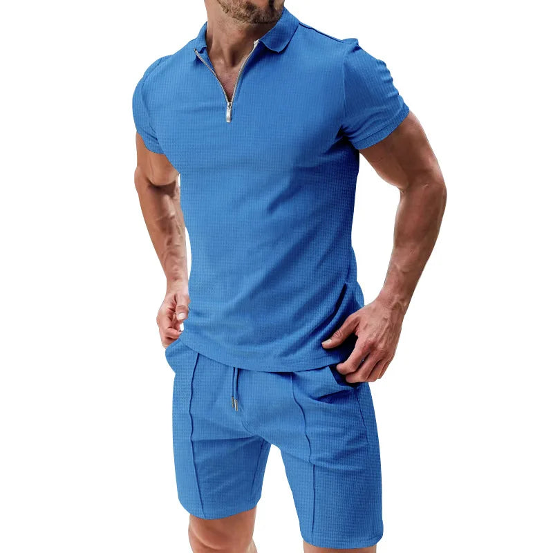 Men's Summer Polo Shirt Set | Solid Color Waffle Short-Sleeve Slim Lapel T-Shirt & Casual Outfit Carlo