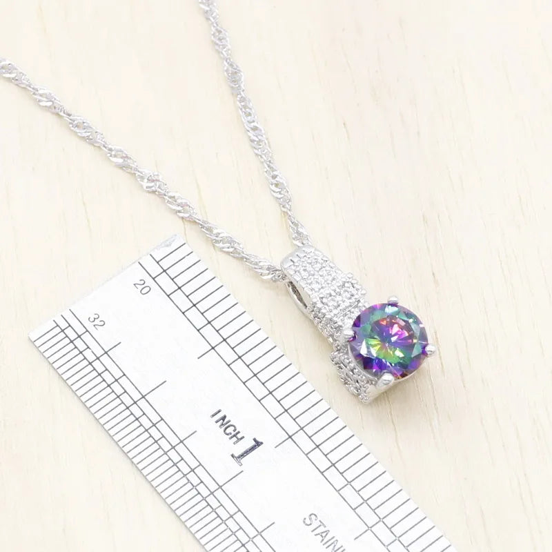Trendy 925 Sterling Silver Jewelry Set – Luxury Rainbow Cubic Zircon Earrings & Pendant Necklace | Classic Bridal Wedding & Party Design Lucille