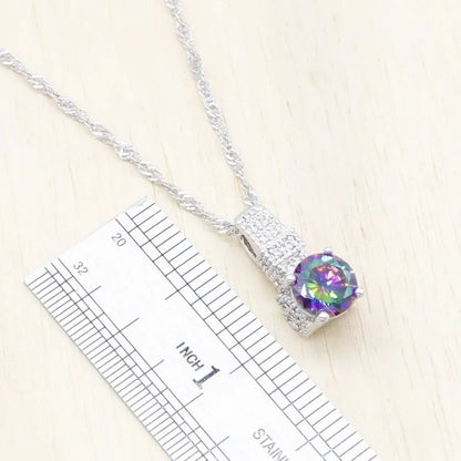 Trendy 925 Sterling Silver Jewelry Set – Luxury Rainbow Cubic Zircon Earrings & Pendant Necklace | Classic Bridal Wedding & Party Design Lucille