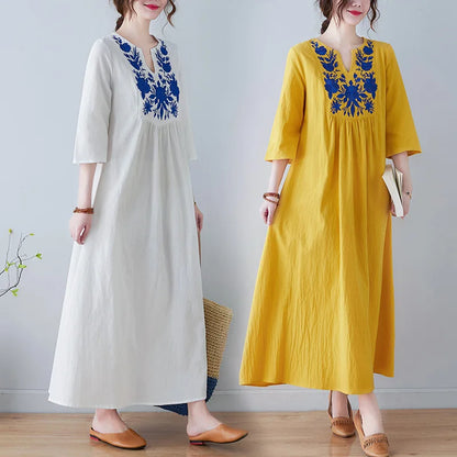 Women's Ethnic-Style V-Neck Embroidered Dress – Loose-Fit, 3/4 Sleeves, Mid-Length Summer Fashion