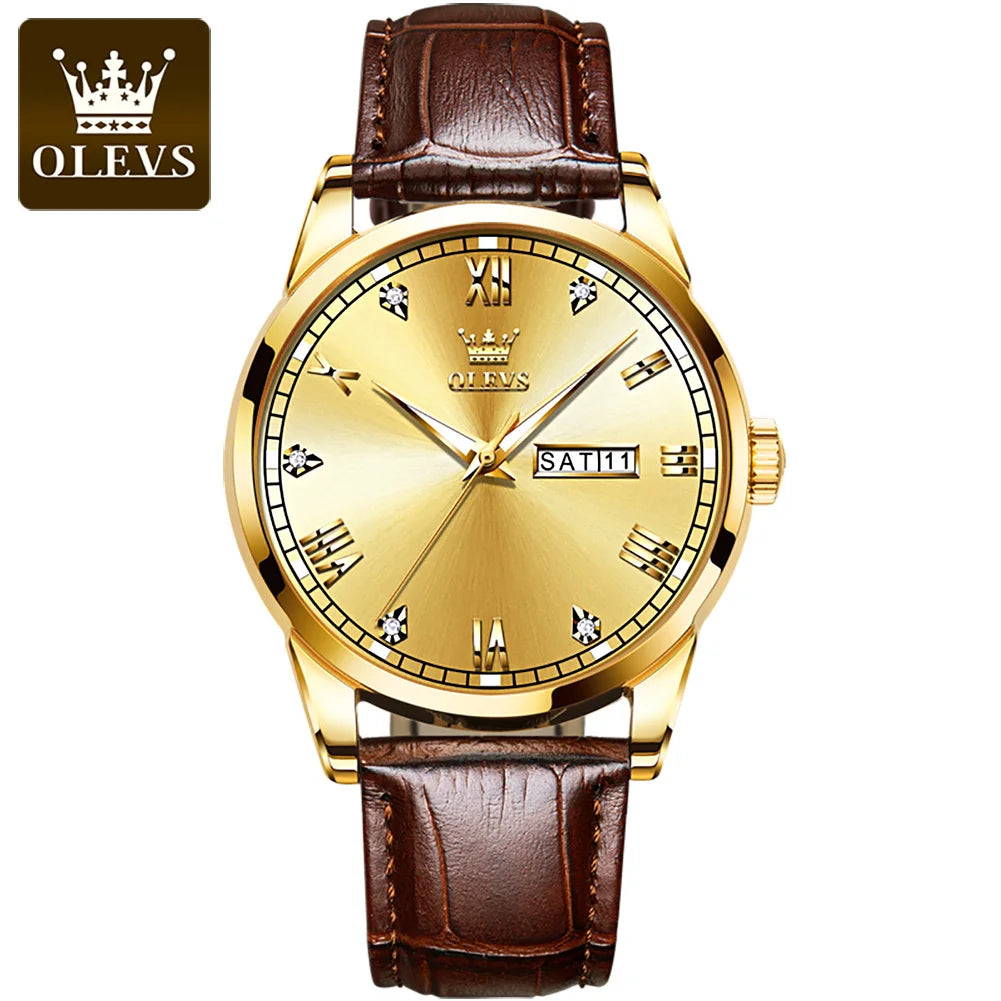 OLEVS 6896 Genuine Leather Quartz Watch – Waterproof Unisex Design with Stylish Dial for Men and Women