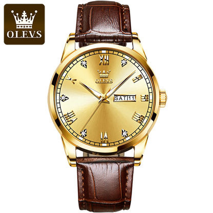 OLEVS 6896 Genuine Leather Quartz Watch – Waterproof Unisex Design with Stylish Dial for Men and Women