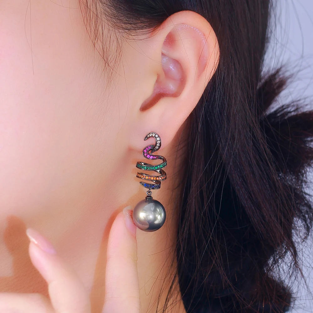 Elegant Multicolor Cubic Zirconia Dangle Earrings for Women – Geometric Design with Simulated Grey Pearls, Perfect for Weddings & Parties Ophelia