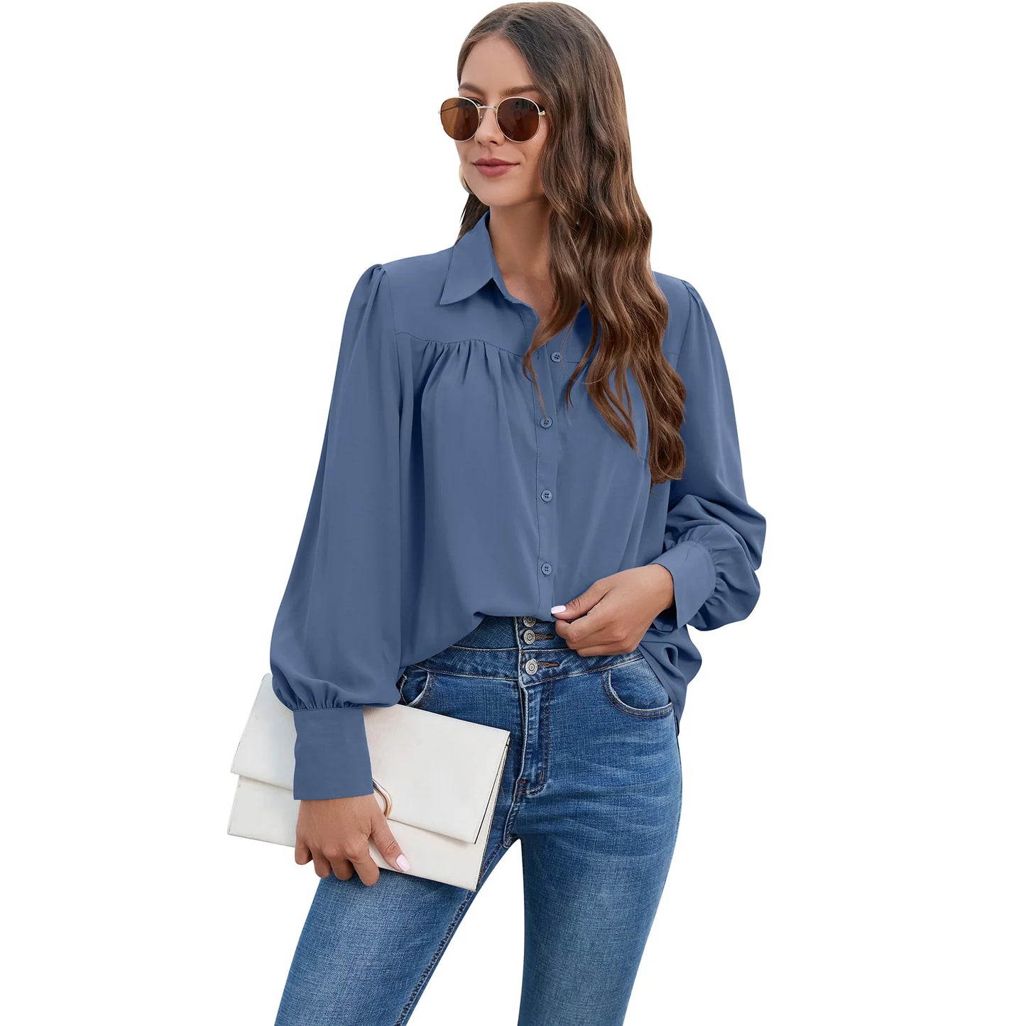 Women's Pleated Chiffon Shirt - Long-Sleeve Top Shaira