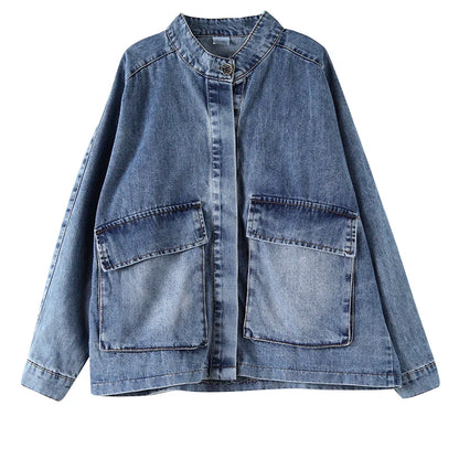 Autumn Women’s Plush Denim Coat – Stand Collar, Washed Casual Jacket, Warm and Versatile Audrey