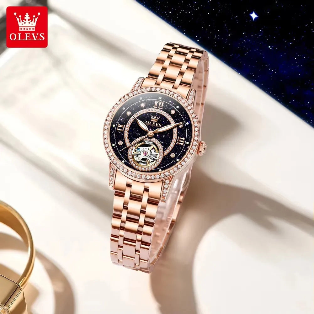 OLEVS 7036 Women’s Skeleton Mechanical Watch – Diamond Bezel Elegant Automatic Ladies Wristwatch