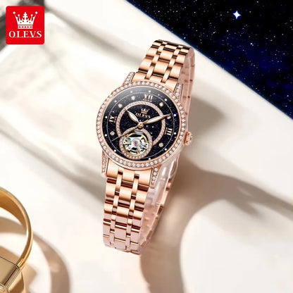 OLEVS 7036 Women’s Skeleton Mechanical Watch – Diamond Bezel Elegant Automatic Ladies Wristwatch