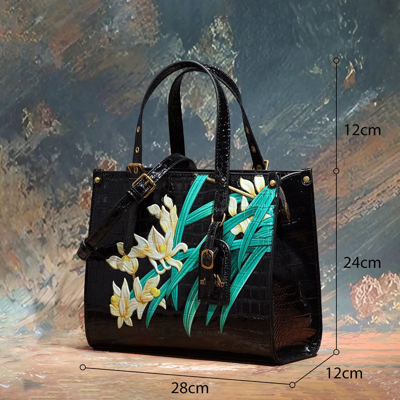 Women's Square Tote Handbag with Fashionable Floral Print, Adjustable Handle, and Zipper Closure Caterina