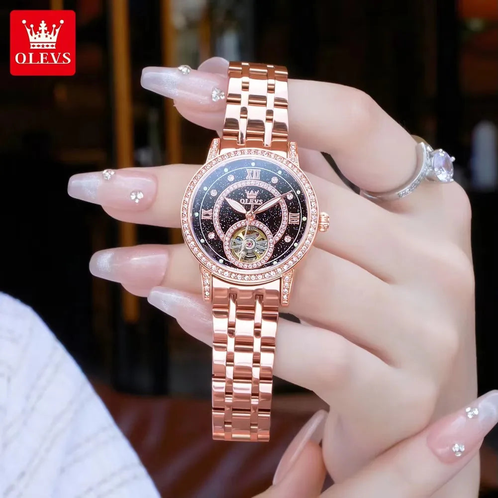 OLEVS 7036 Women’s Skeleton Mechanical Watch – Diamond Bezel Elegant Automatic Ladies Wristwatch