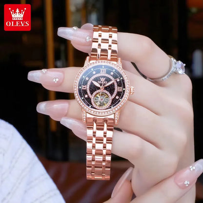 OLEVS 7036 Women’s Skeleton Mechanical Watch – Diamond Bezel Elegant Automatic Ladies Wristwatch