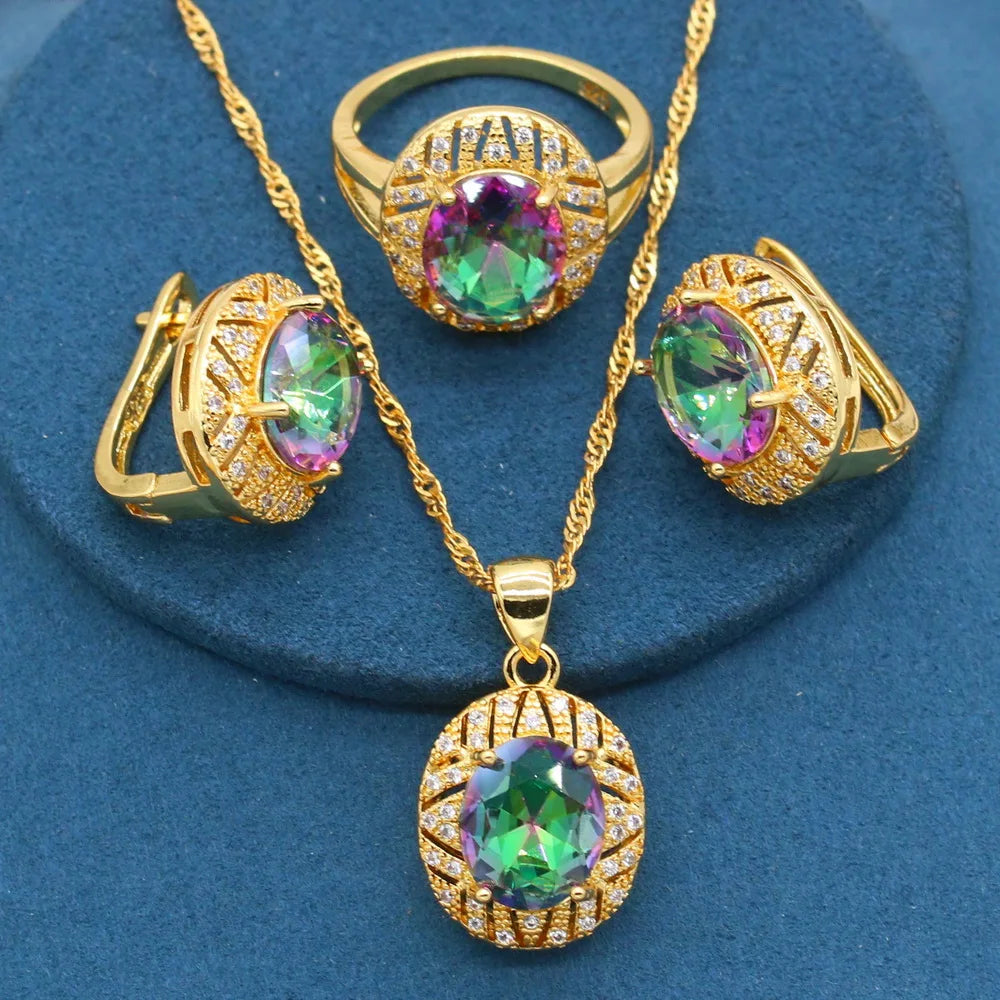 Geometric Gold-Plated Jewelry Set for Women – Rainbow Stone Alloy Bracelet, Hoop Earrings, Necklace & Ring | Perfect Wedding, Party & Birthday Gift Mireille