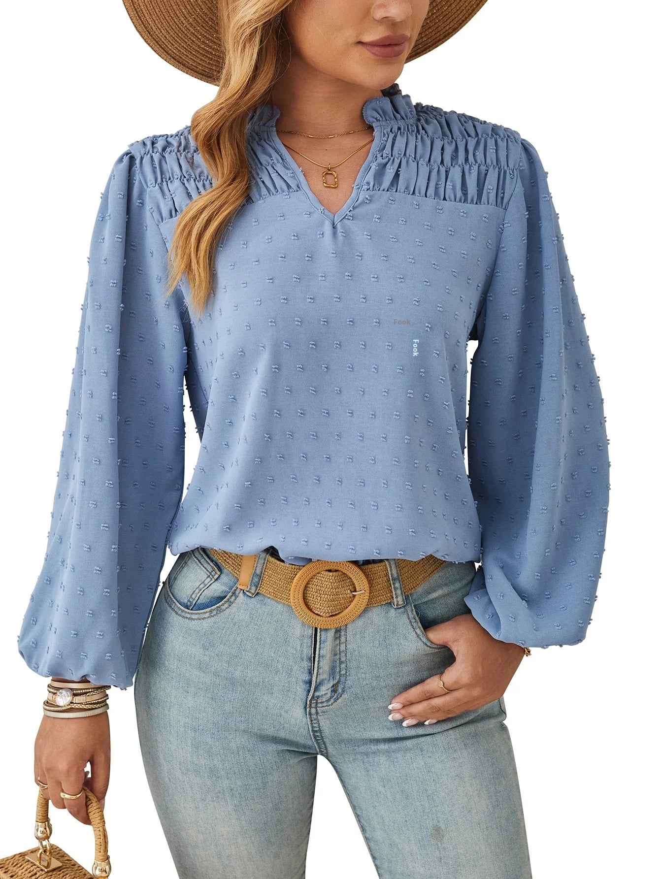 Women's Long Sleeve Chiffon Blouse – Pleated Woven Jacquard Shirt