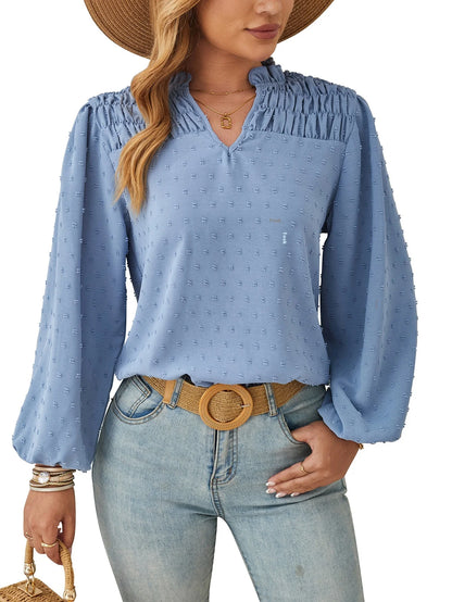Women's Long Sleeve Chiffon Blouse – Pleated Woven Jacquard Shirt