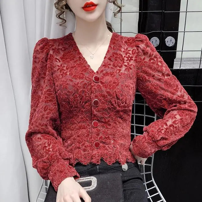 Women's Lace Shirt – Solid Color, Puff Long Sleeve, French V-Neck, Button-Down Mesh Transparent Casual Top