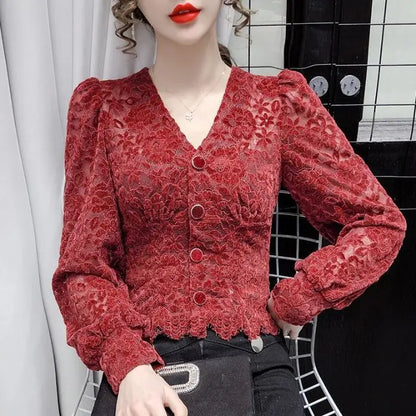 Women's Lace Shirt – Solid Color, Puff Long Sleeve, French V-Neck, Button-Down Mesh Transparent Casual Top
