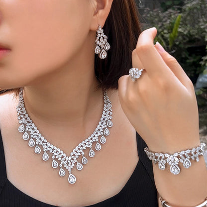 4pcs Luxury Cubic Zirconia Tassel Jewelry Set for Women – Big Necklace, Earrings, Bracelet & Ring | Bridal Wedding Jewelry Anne-Claire