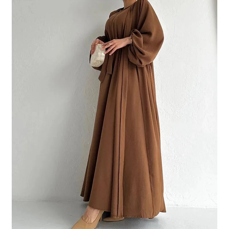 Two-Piece Abaya Set with Long Sleeve Outer & Sleeveless Inner Dress – Dubai & Turkey Style Muslim Nabila