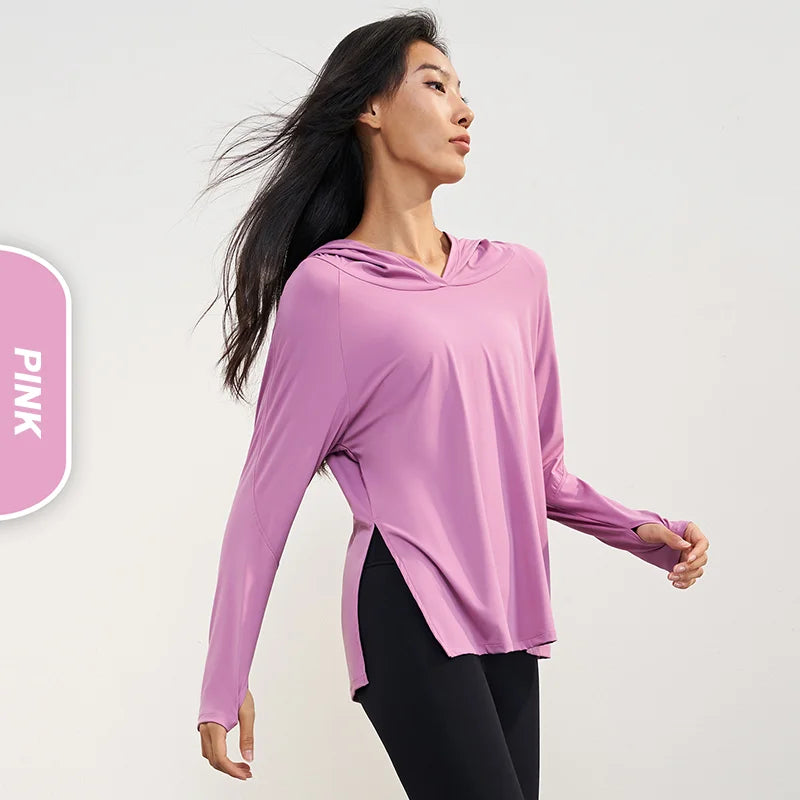 Women's Nude Feeling Workout Top | Split Hem Long Sleeve Hooded Yoga Shirt
