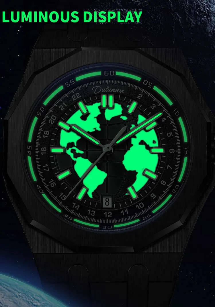 Luxury Men’s Automatic Watch – Stainless Steel Band, Waterproof Mechanical Wristwatch with Custom Earth Dial Edmund