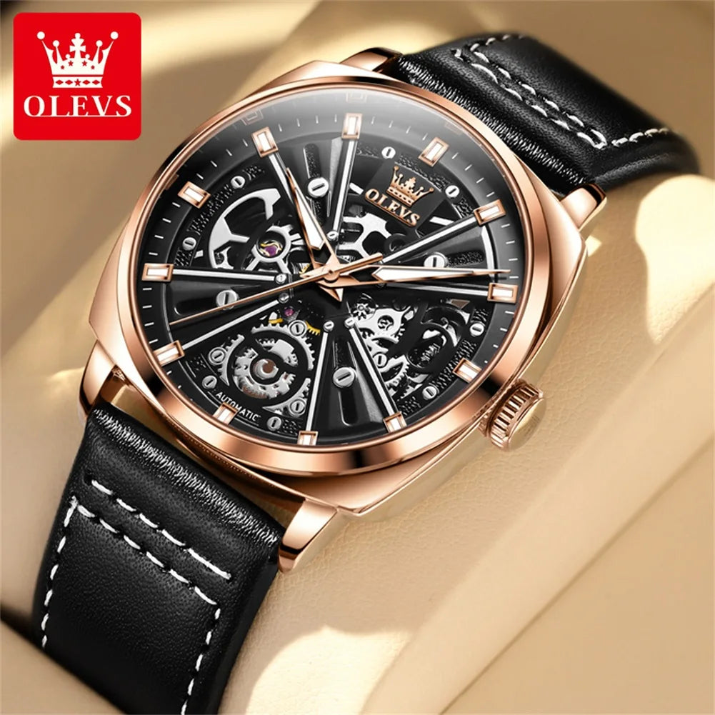 OLEVS 6685 Men's Luxury Skeleton Watch -Automatic Mechanical Sports Watch with Luminous Dial and Genuine Leather Strap