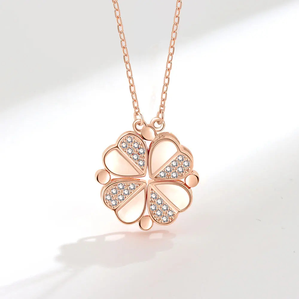 925 Sterling Silver Magnetic Four-Leaf Clover Necklace – Heart-Shaped Pendant Love Jewelry for Women and Girls Gift Cimorene