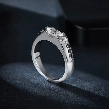 S925 Silver Marquise Rhombus Moissanite Ring – High-End Hip-Hop Style with Black and White Contrast, Perfect for Couples