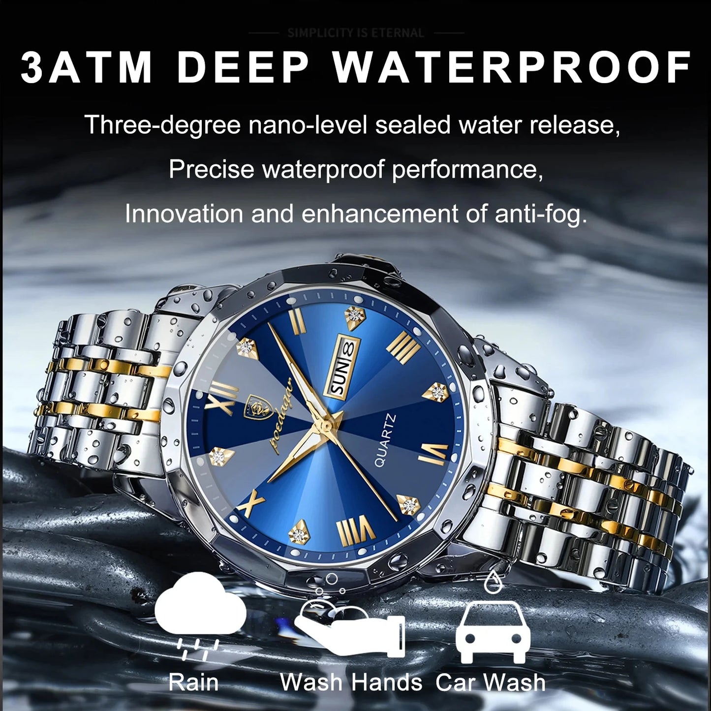 POEDAGAR 810 Men's Luxury Business Watch – Stainless Steel Waterproof Quartz Watch with Luminous Hands, Date Display, and Blue Dial Gerard