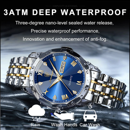 POEDAGAR 810 Men's Luxury Business Watch – Stainless Steel Waterproof Quartz Watch with Luminous Hands, Date Display, and Blue Dial Gerard