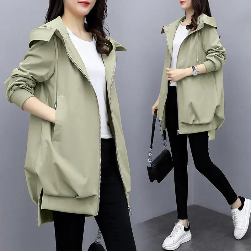 Women's Black Hooded Windbreaker – Mid-Length Casual Korean Style Coat for Spring and Autumn Lyra