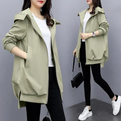 Women's Black Hooded Windbreaker – Mid-Length Casual Korean Style Coat for Spring and Autumn Lyra