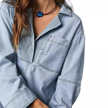 Trendy Women's Slim Fit Denim Shirt - Long Sleeve Lapel Casual Style Meghan
