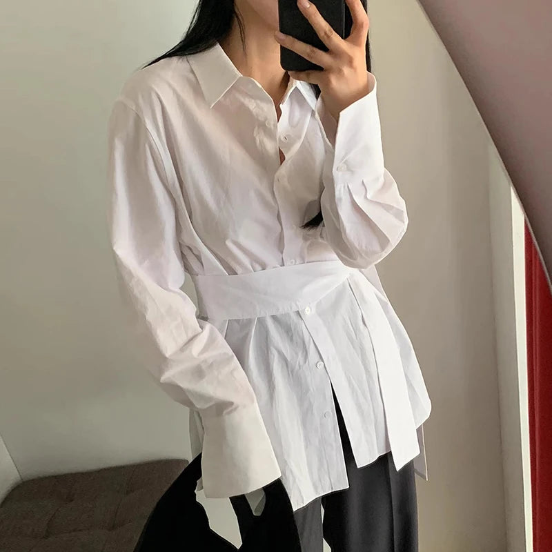 Women's Vintage White Shirt | Autumn Lapel Single-Breasted, Strap Waist Cinching, Versatile Long-Sleeve Design Cassie