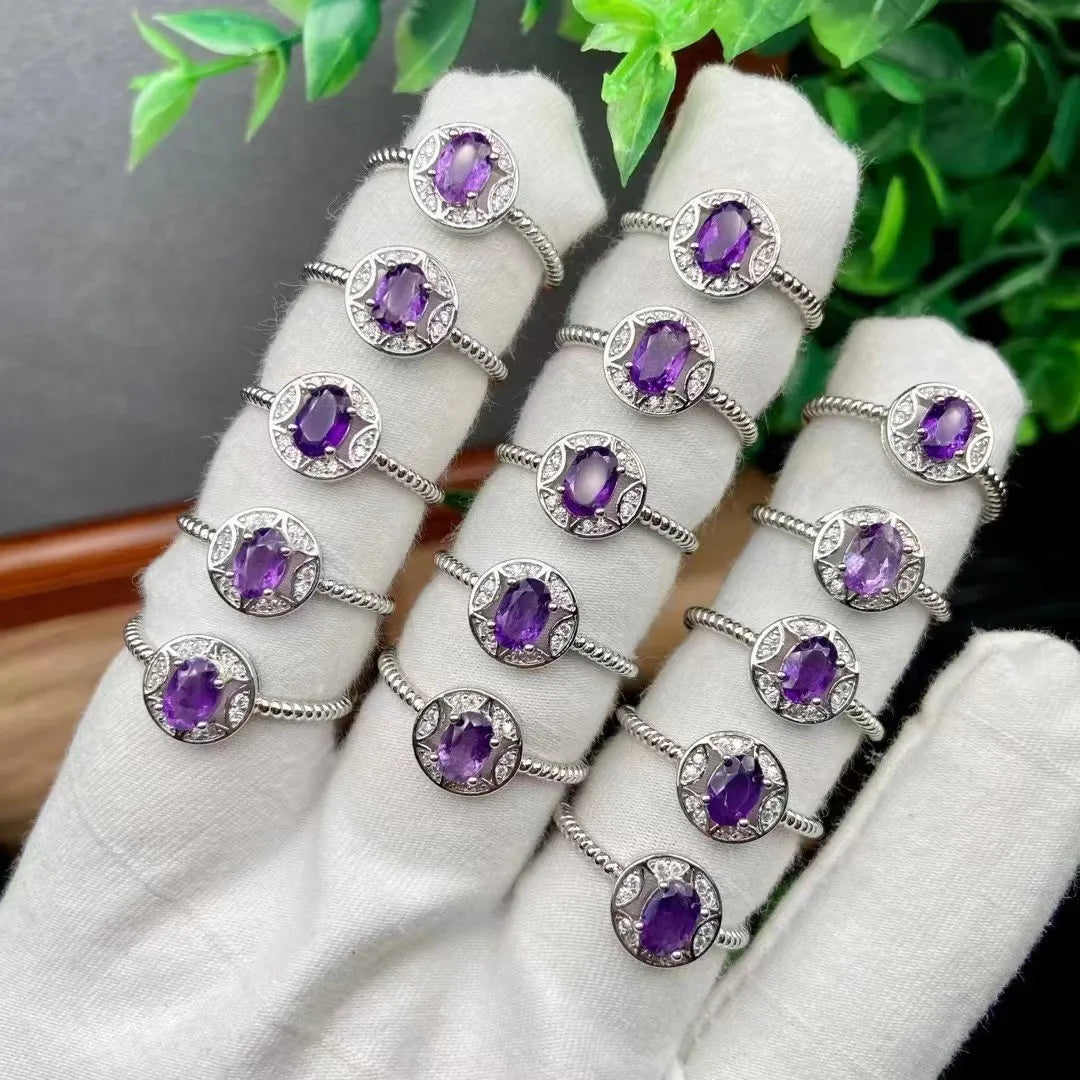 White Copper Silver-Plated Gemstone Rings – Resizable Amethyst Crystal Finger Rings | Perfect Gift for All Occasions